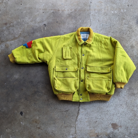 Vintage Nobuo Ikeda Lime Green Wool World Map Patch Bomber Jacket RARE Vintage - Picture 5 of 11